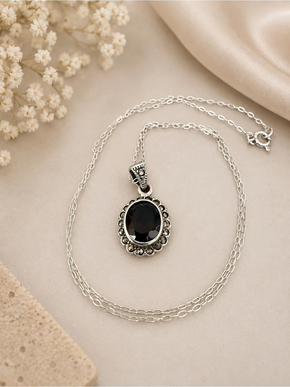 Sterling Silver Art Deco Style Quartz Marcasite Pendant /Sterling Plate Chain